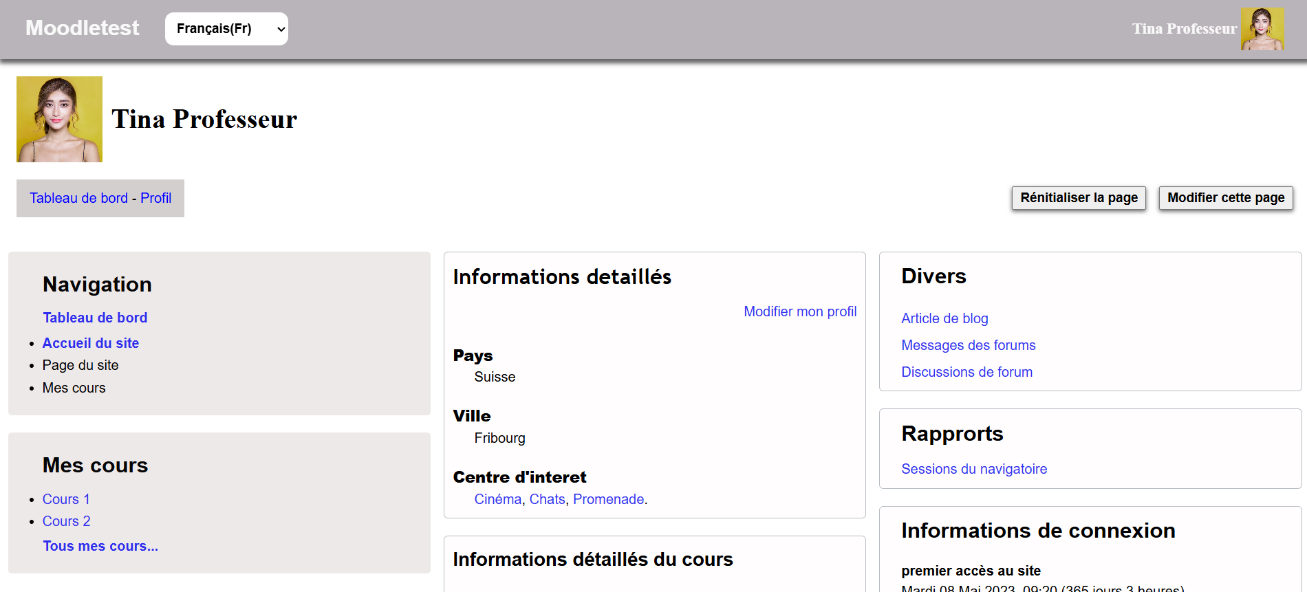 Capture d'ecran d'un simple dashboard de Tina Professeur